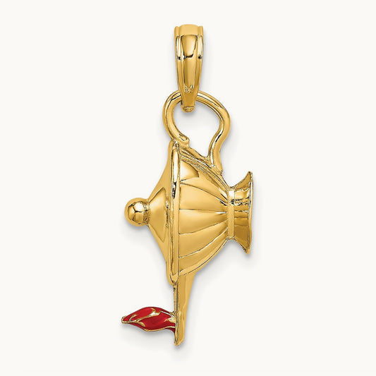 W/ Red Enamel Polished 3-D Genie Lamp Charm, 14K
