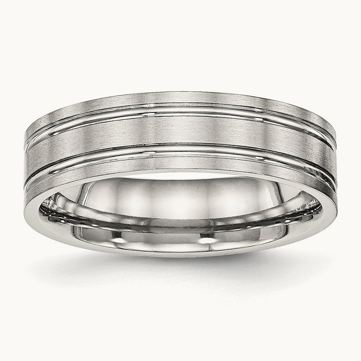 Brushed and Polished Ridged Flat Band, 6mm, Stainless Steel