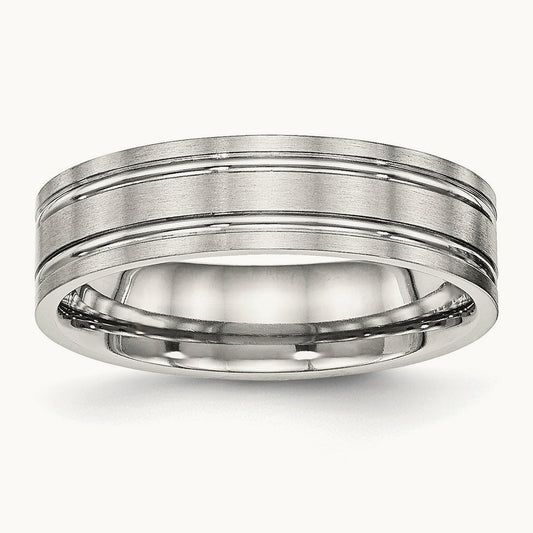 Brushed and Polished Ridged Flat Band, 6mm, Stainless Steel