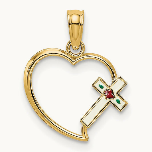 Enamel Cross and Heart Charm, 14K