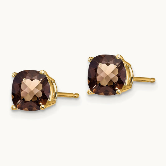 Cushion Checker-Cut Smoky Quartz Earring, 6mm, 14K
