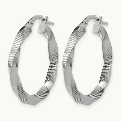 Rhodium-plated Twisted Textured Hoop Earrings — 27mm