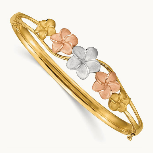 Tri-color Plumeria Hinged Bangle, 14K