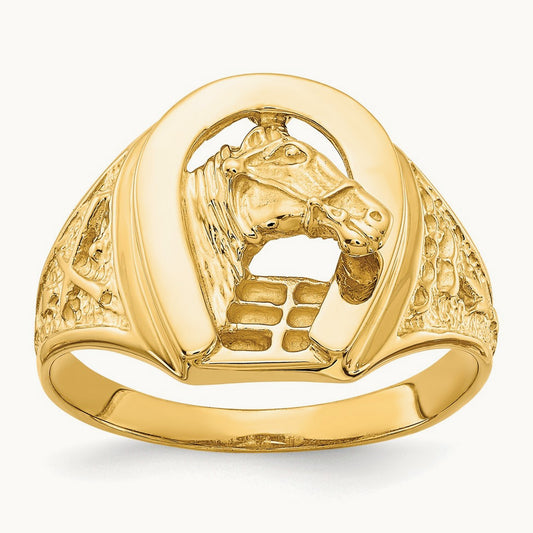 Polished Horseshoe with Horse in Center Ring, 14K