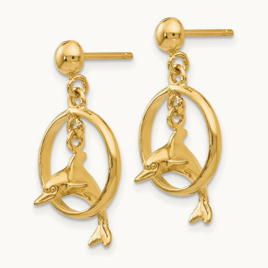 Polished 3-D Dolphin Jumping Through Hoop Dangle Earrings, 14K