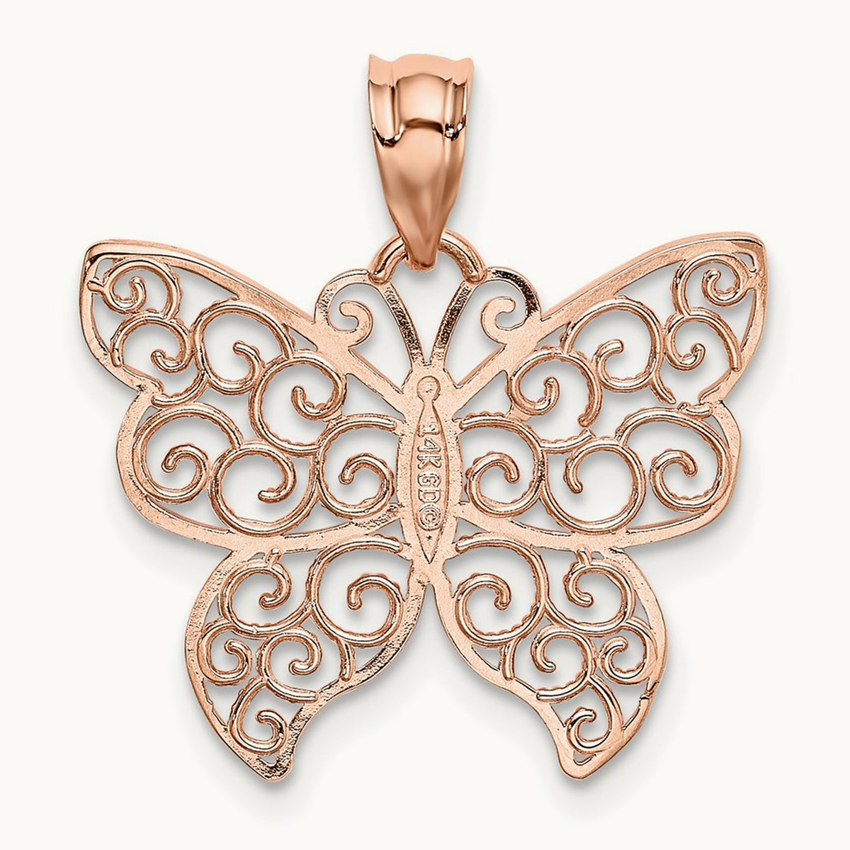 Polished Filigree Butterfly Pendant — 14K Rose Gold