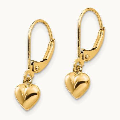 Madi K Puffed Polished Heart Drop Leverback Earrings, 14K