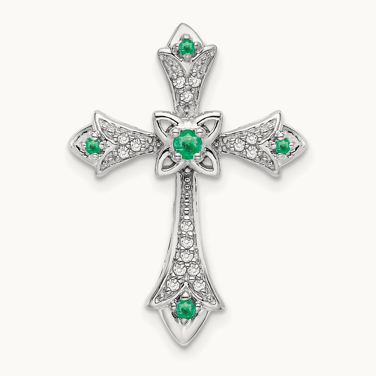 Emerald and Diamond Fleur de Lis Cross Chain Slide, 14K White Gold