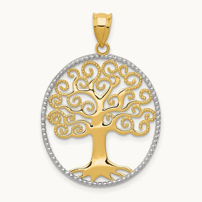 w/Rhodium Filigree Tree of Life Pendant, 14K