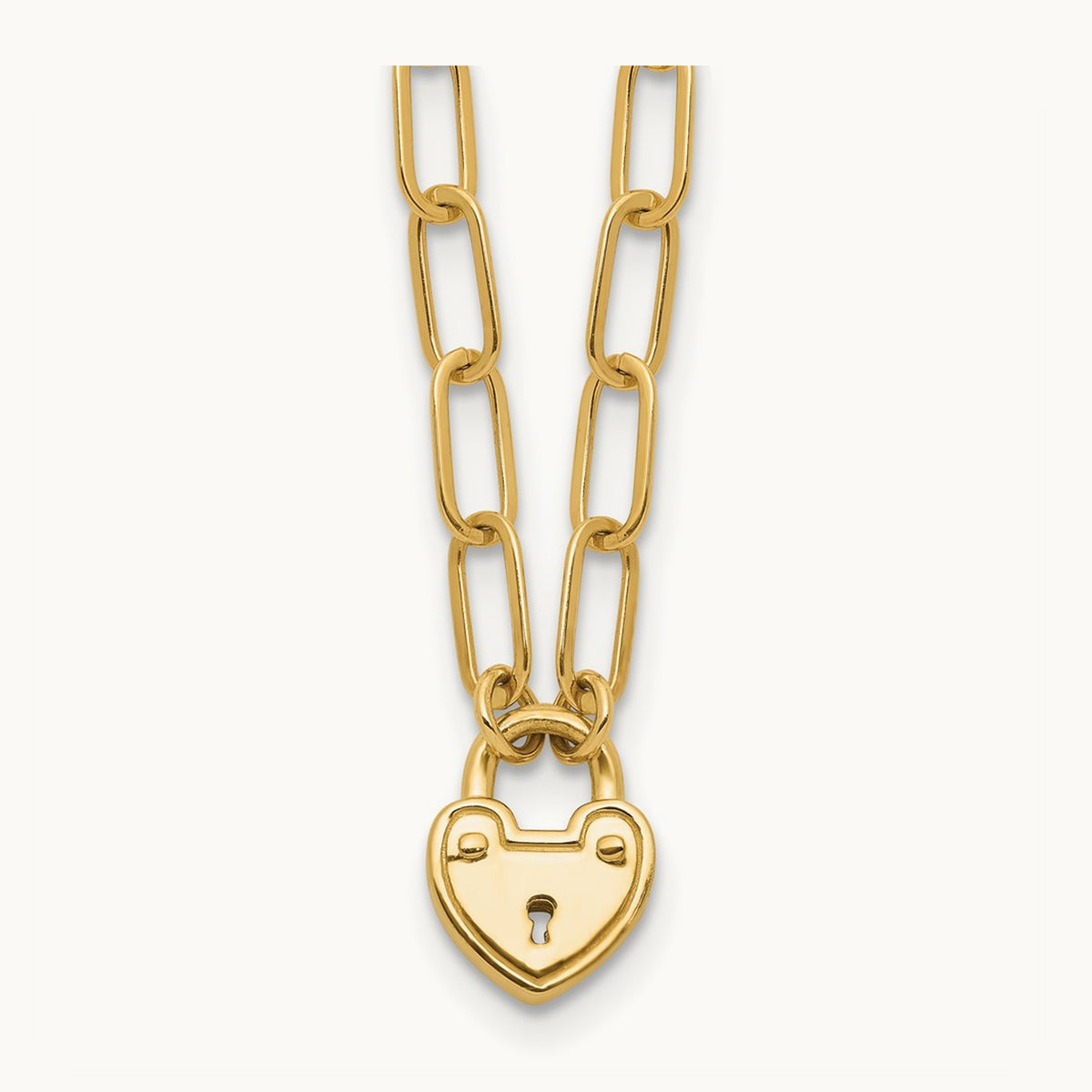 Polished Heart Lock Charm Paperclip Link Necklace, 14K