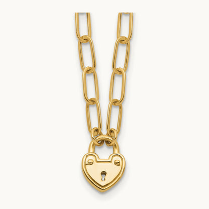 Polished Heart Lock Charm Paperclip Link Necklace, 14K
