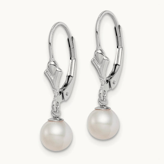RH-plated 6- FWC Pearl Leverback Dangle Earrings, 7mm, Sterling Silver