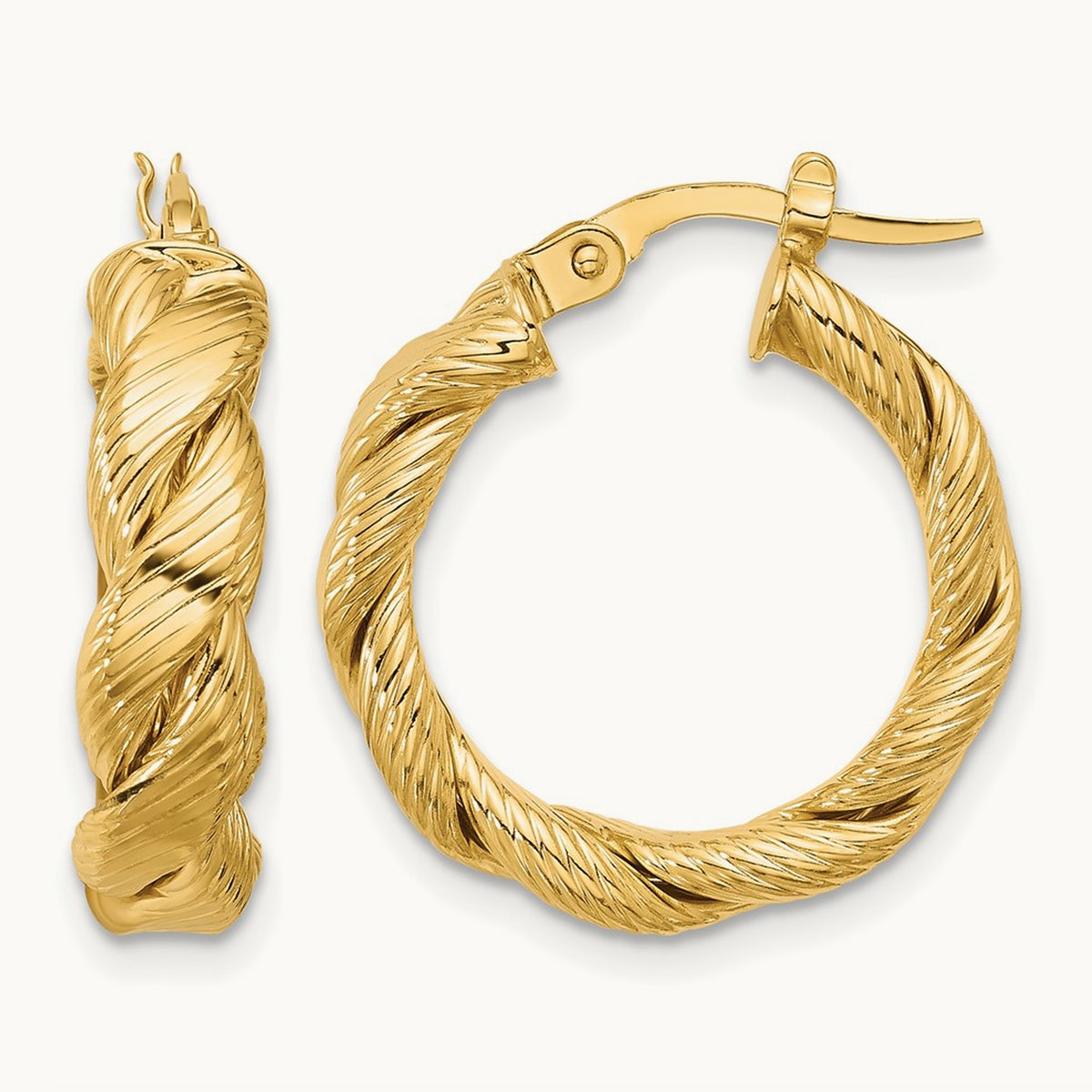 Polished and Textured Twist Hoop Earrings, 14K — Leslie's