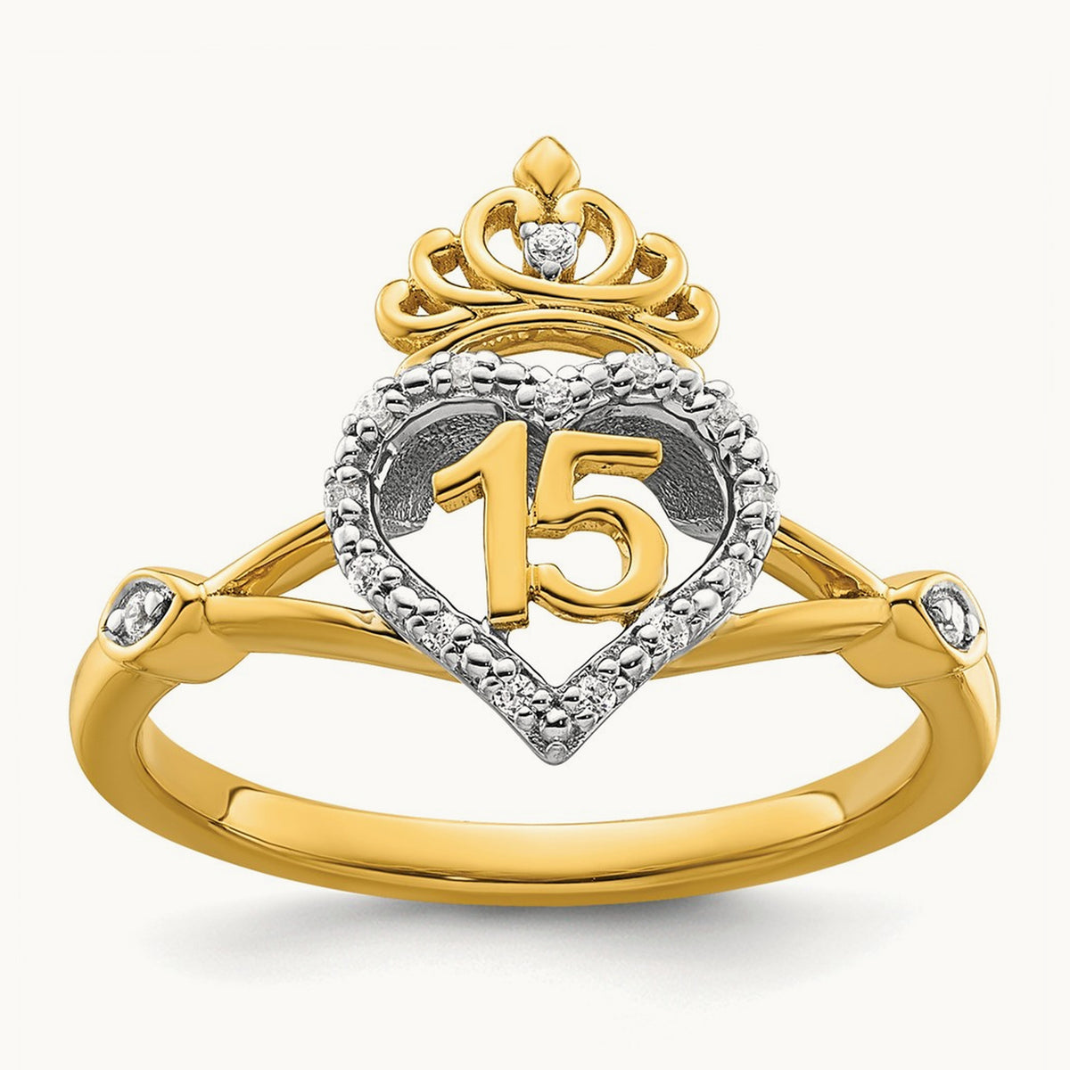 Polished Diamond Quinceanera Heart/Crown Ring, 14K Two-tone