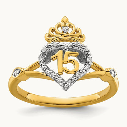 Polished Diamond Quinceanera Heart/Crown Ring, 14K Two-tone