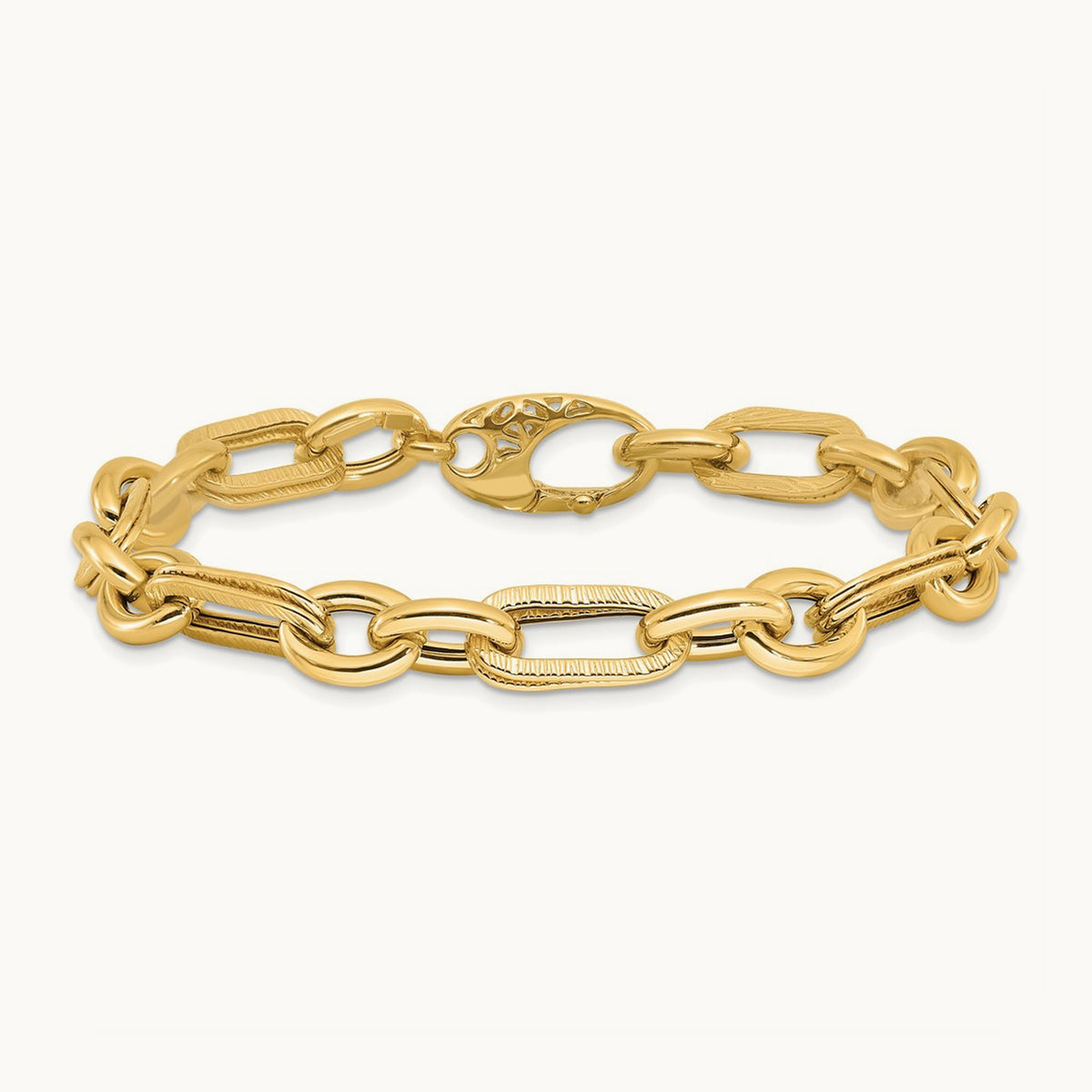 Polished and Textured Fancy Link Bracelet, 14K