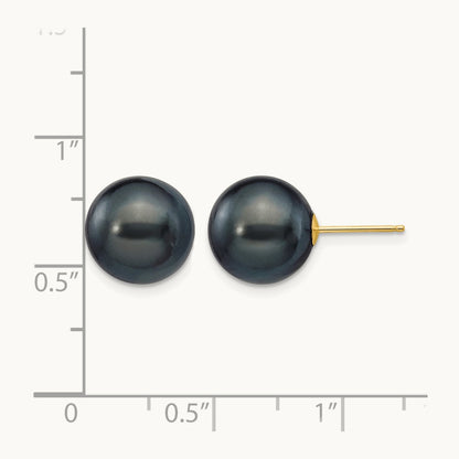 10- Black Round Freshwater Cultured Pearl Stud Post Earrings, 11mm, 14K