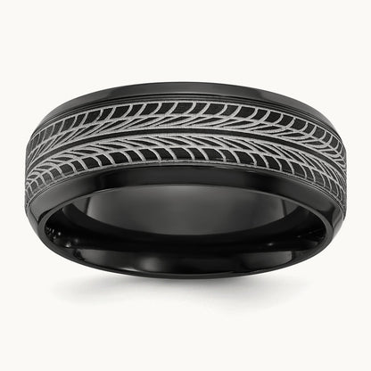Black Zirconium Polished Lasered Tire Design Band, 8mm