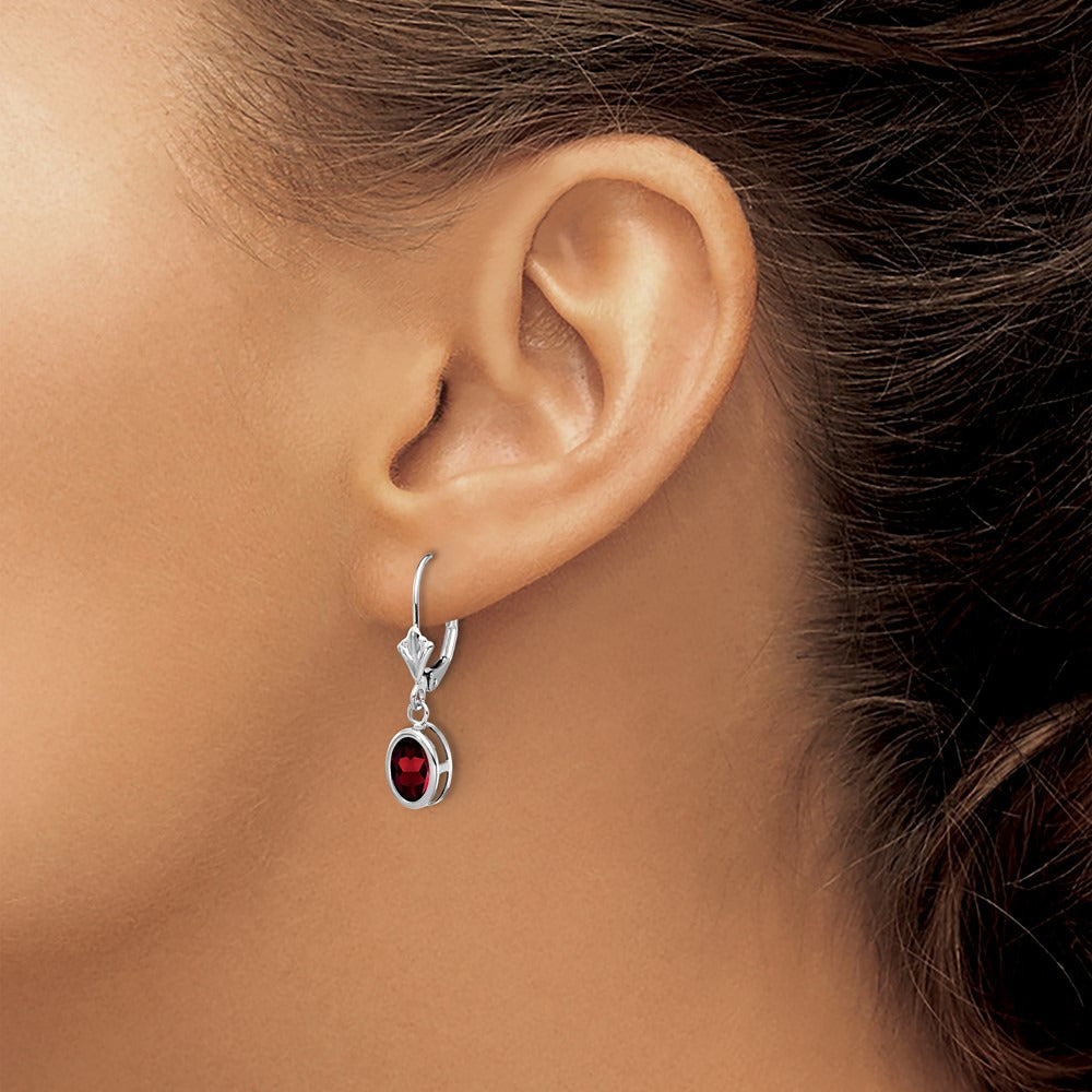 Oval Garnet Leverback Earrings — 14K White Gold, 26mm, 7x5mm