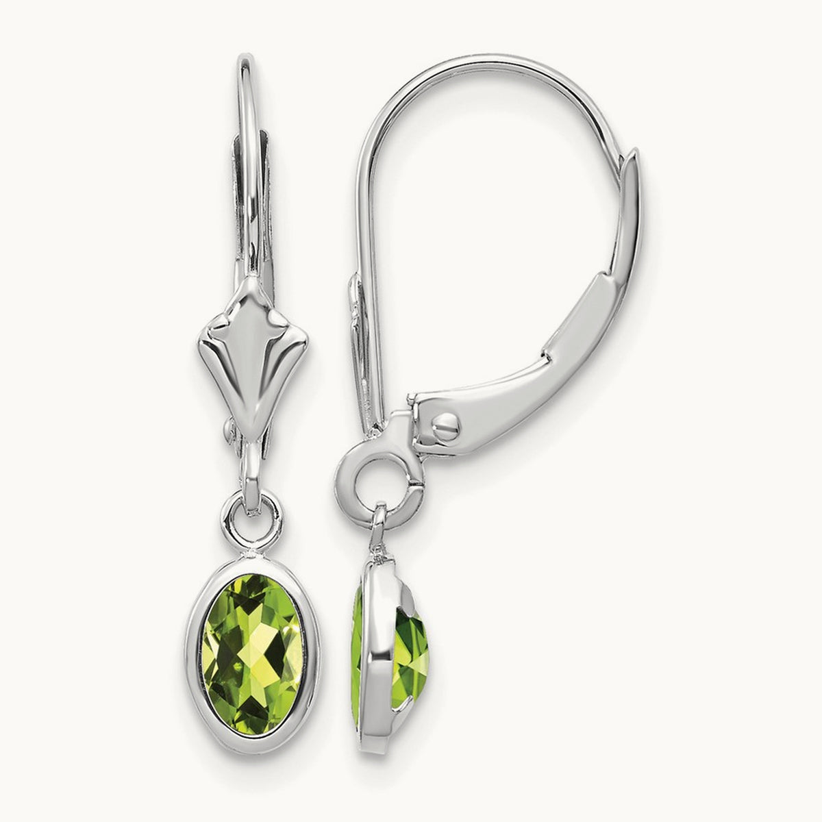 6x4 Oval Bezel August/Peridot Leverback Earrings — 14K White Gold