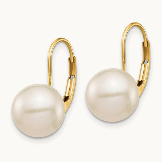 9- White Round Freshwater Cultured Pearl Leverback Earrings, 10mm, 14K