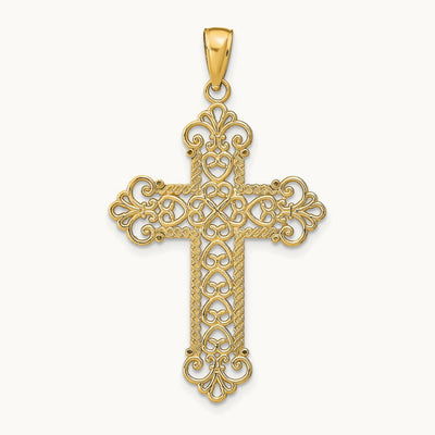 Polished Large Rope Frame Filigree Cross Pendant — 14K Yellow Gold