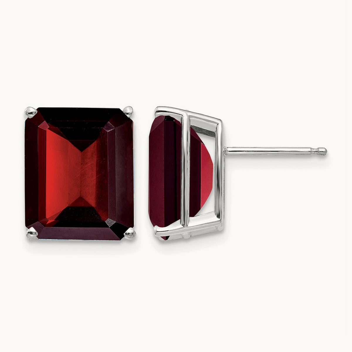 Emerald Cut Garnet Stud Earrings, 14K White Gold