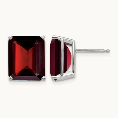Emerald Cut Garnet Stud Earrings, 14K White Gold