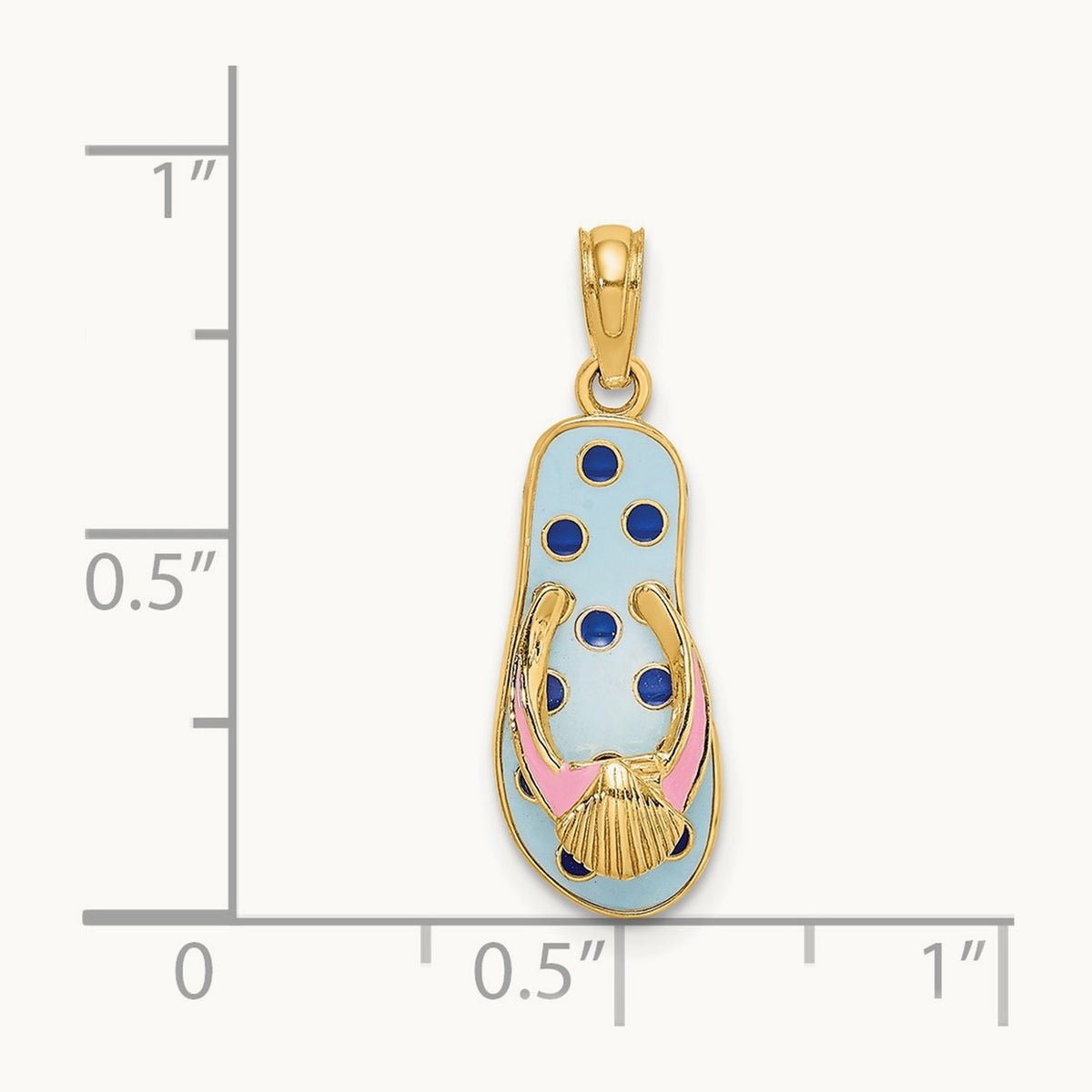 3D Enamel Shell On Blue Polka-Dot Flip-Flop Charm, 14K
