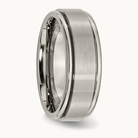 Brushed Center Ridged Edge Band, 8mm, Titanium