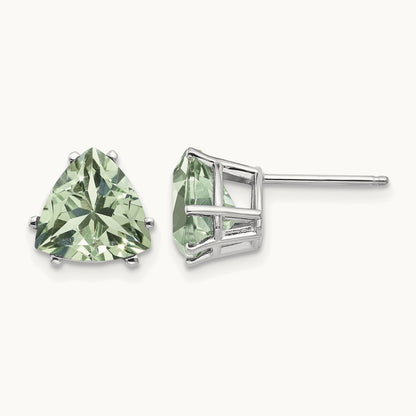 Trillion Green Quartz Earrings, 8mm, 14K White Gold