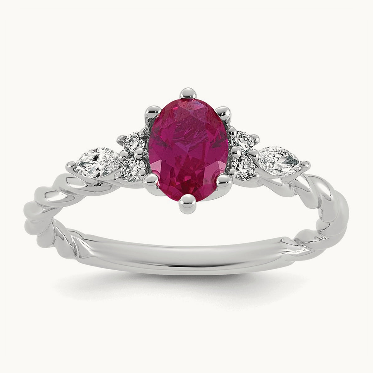 Polished Diamond and Lab Created Ruby Twisted Ring — 14K White Gold