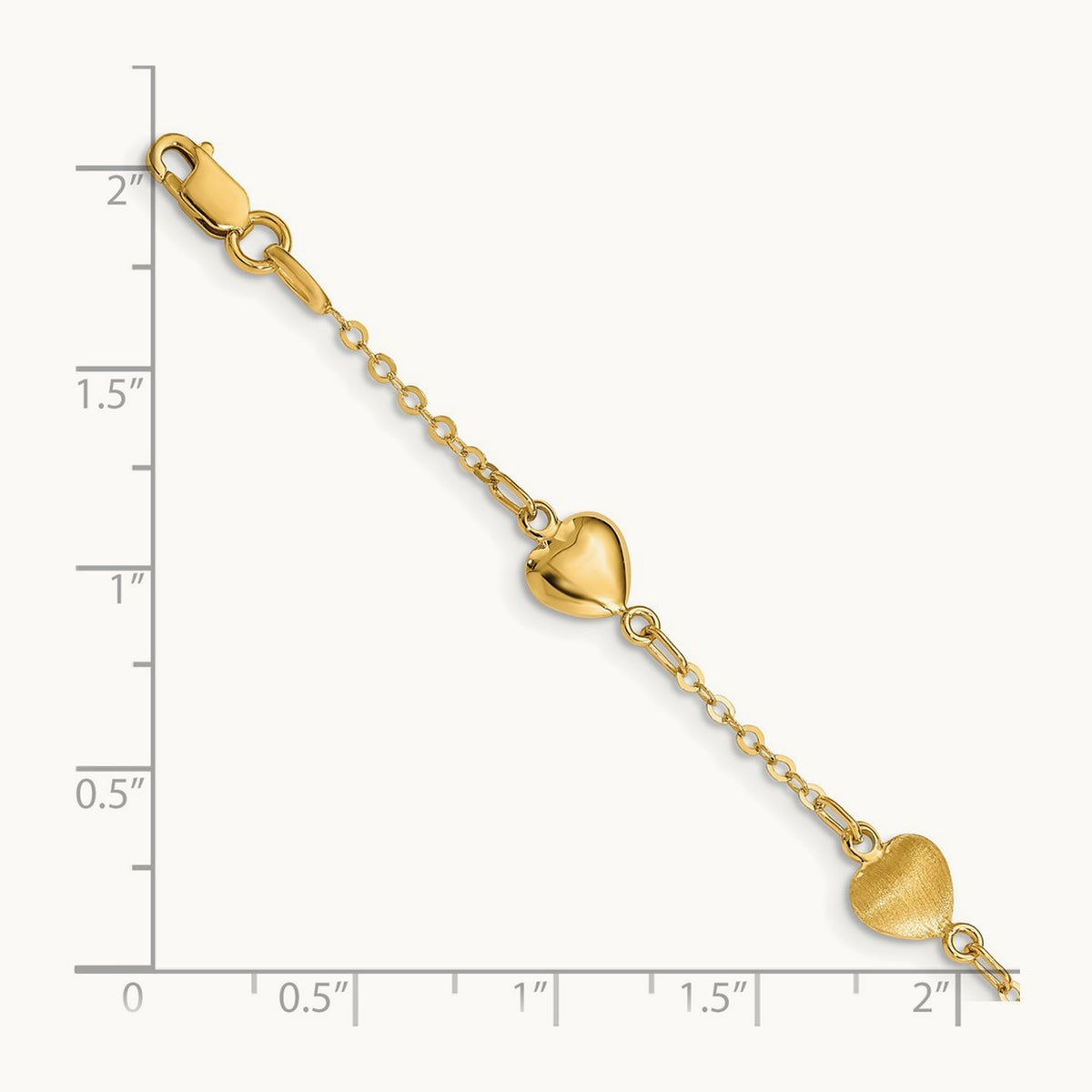 Brushed & Polished Hearts 7 inch Bracelet, 14K