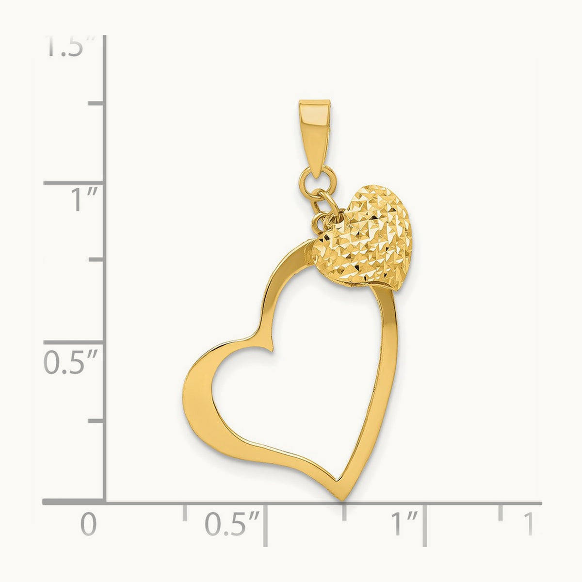 Polished and D/C Open and Puffed 3D Heart Pendant, 14K