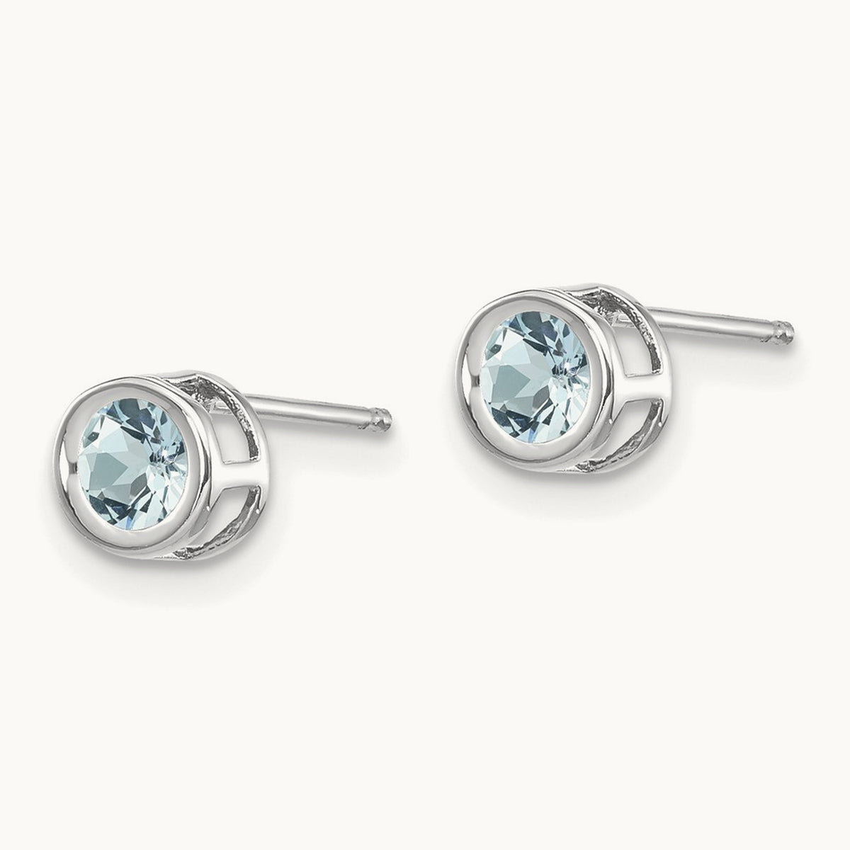 Bezel March/Aquamarine Post Earrings — 14K White Gold