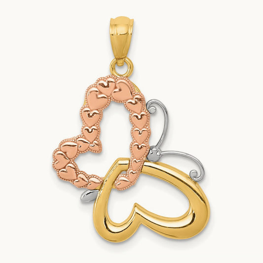 w/White Rhodium Butterfly w/Hearts Pendant, 14K Two-tone Gold
