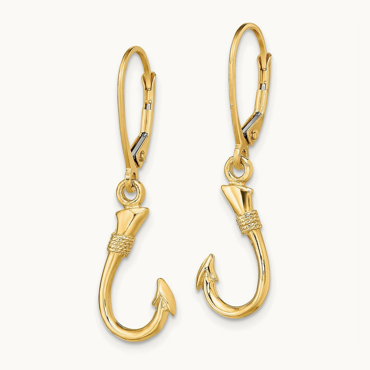 3-D Fish Hook Leverback Earrings — 14K Yellow Gold