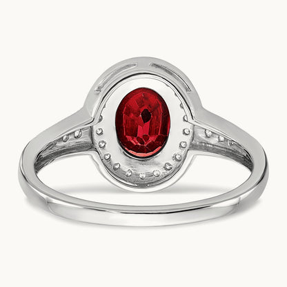 Oval Created Ruby and Diamond Halo Ring, 14K White Gold