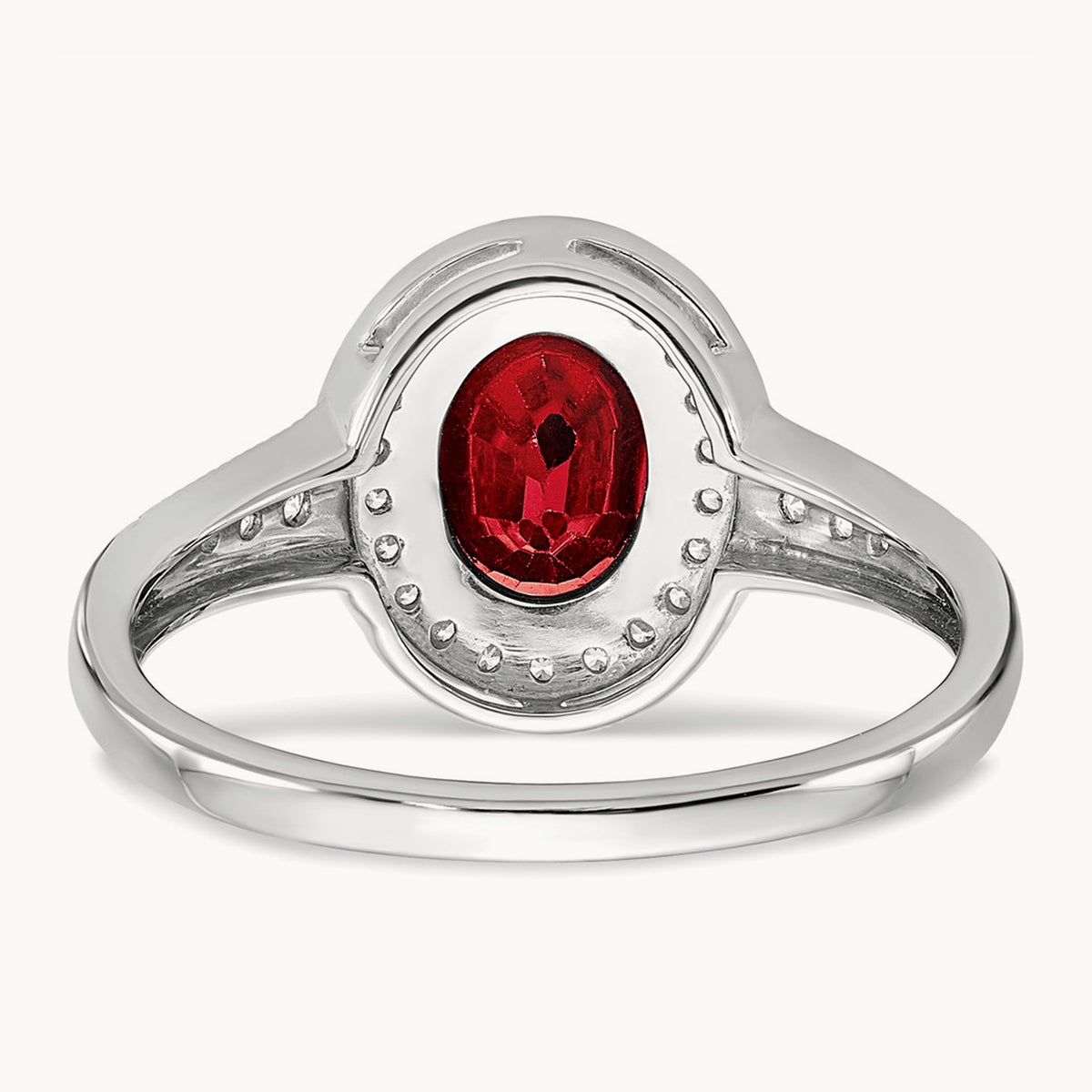 Oval Created Ruby and Diamond Halo Ring, 14K White Gold