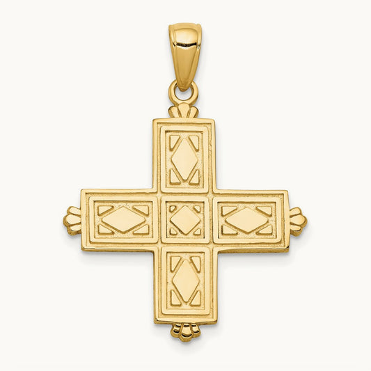 Etched Square Cross w/Crown Tips Pendant, 14K
