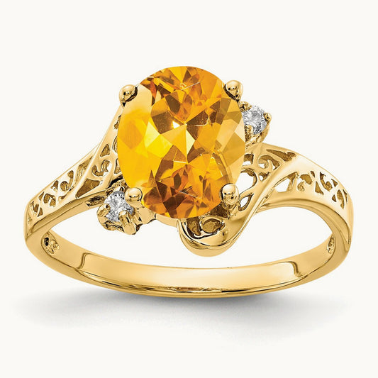 9x7mm Oval Citrine AA Diamond ring, 14K