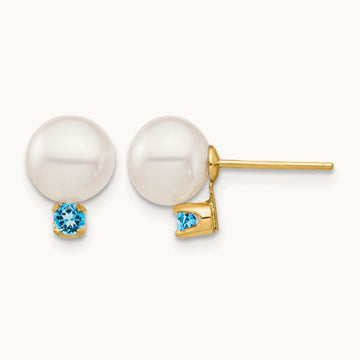 7- White Round FW Cultured Pearl Swiss Blue Topaz Post Earrings, 7.5mm, 14K