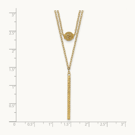 Double Layer Hollow Bead D/C Bar 2 in Necklace, 14K