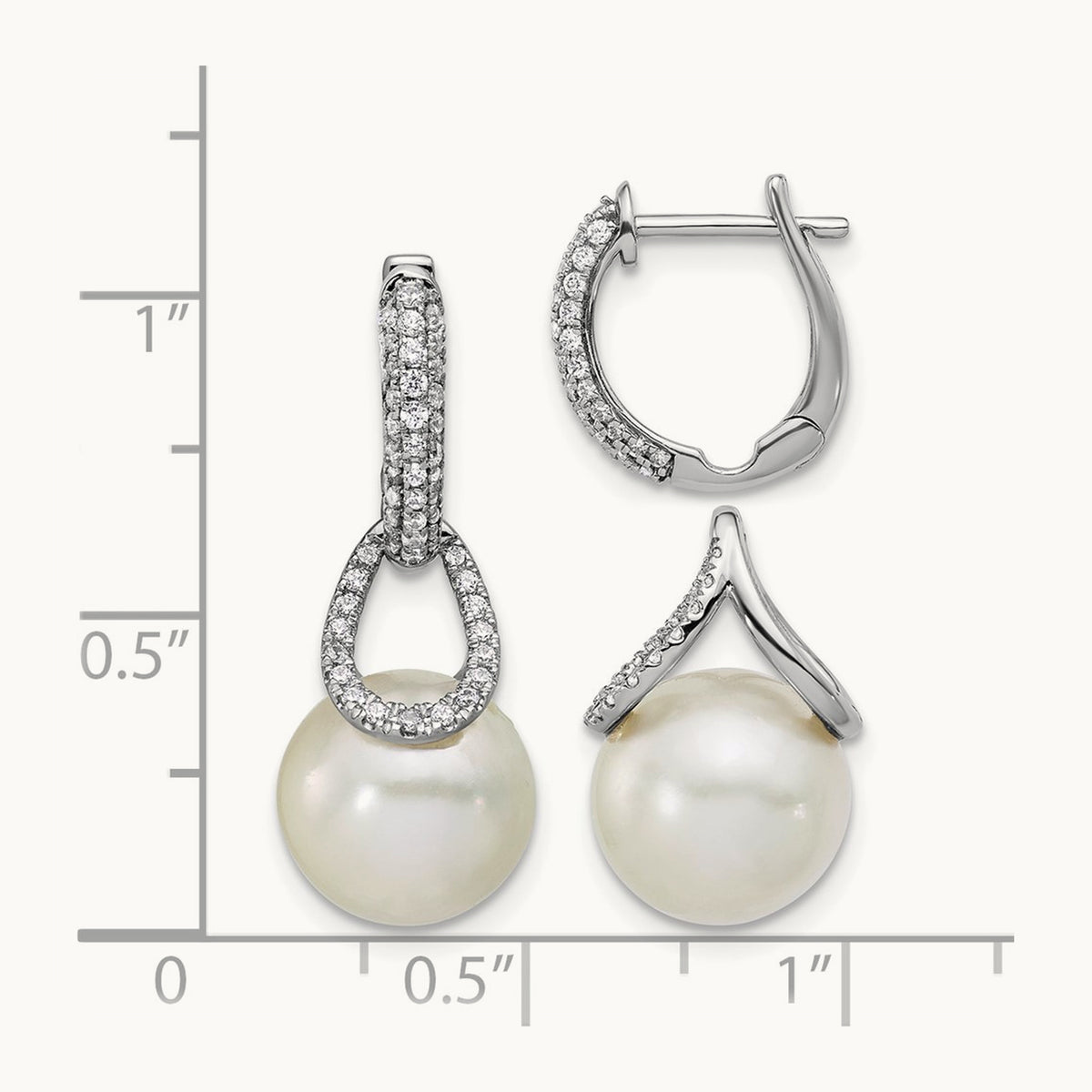 Polished Diamond and Pearl Dangle Hoop Earrings, 14K White Gold