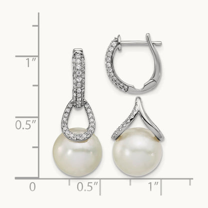 Polished Diamond and Pearl Dangle Hoop Earrings, 14K White Gold