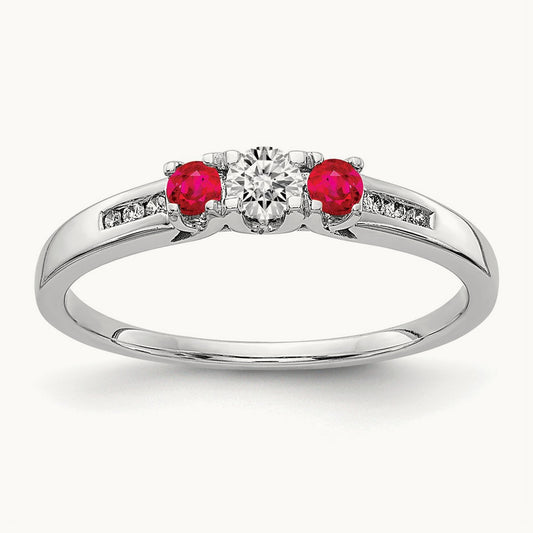 Diamond and Ruby 3-stone Ring, 14K White Gold