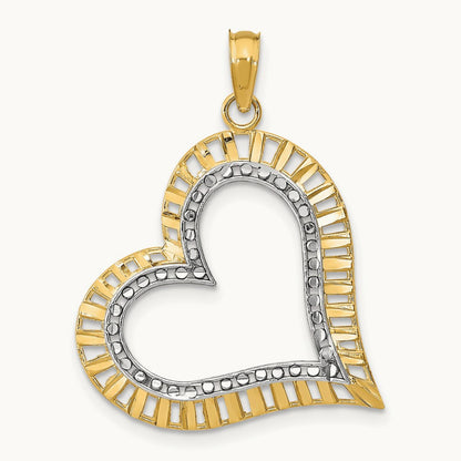 w/ Rhodium Diamond-cut Large Tilted Heart Charm, 14K