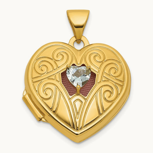 Polished Aquamarine March Birthstone Heart Locket, 18mm, 14K