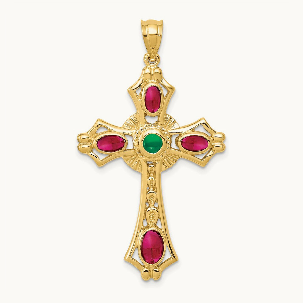 Ruby and Emerald Cabochon Cross Pendant, 14K