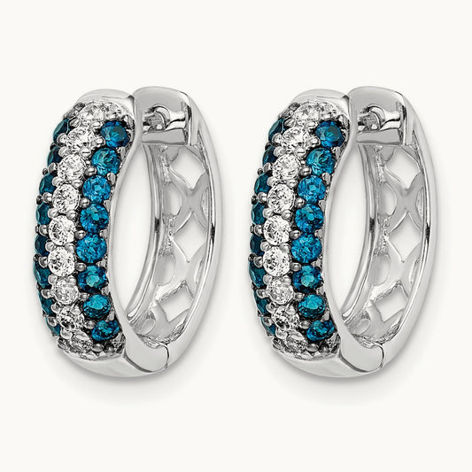 White and Blue Diamond Hinged Hoop Earrings, 14K White Gold